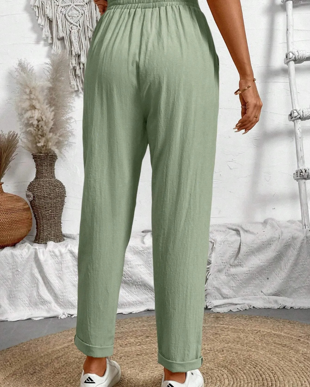 Calças Capri de algodão e linho para mulher