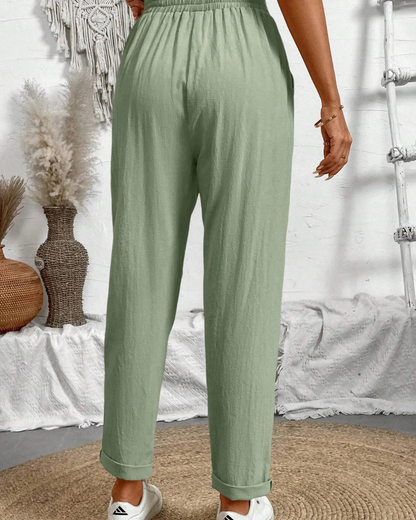 Calças Capri de algodão e linho para mulher