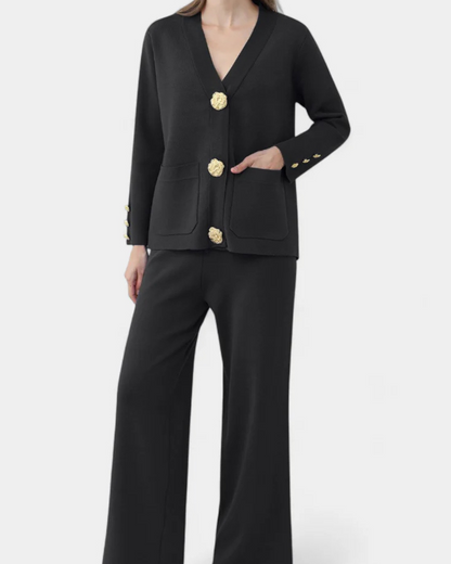 Conjunto de camisola de lã com botões metálicos e calças largas para mulher