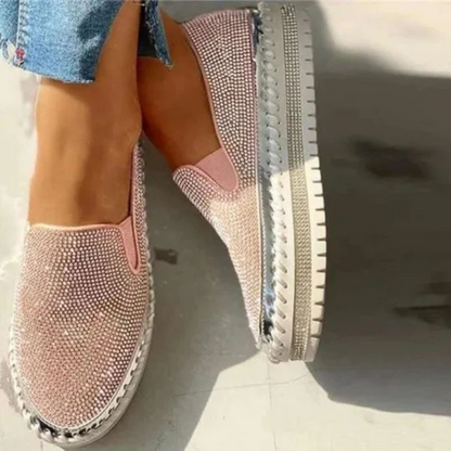 Sapatos slip-on respiráveis para mulher com plataforma e strass