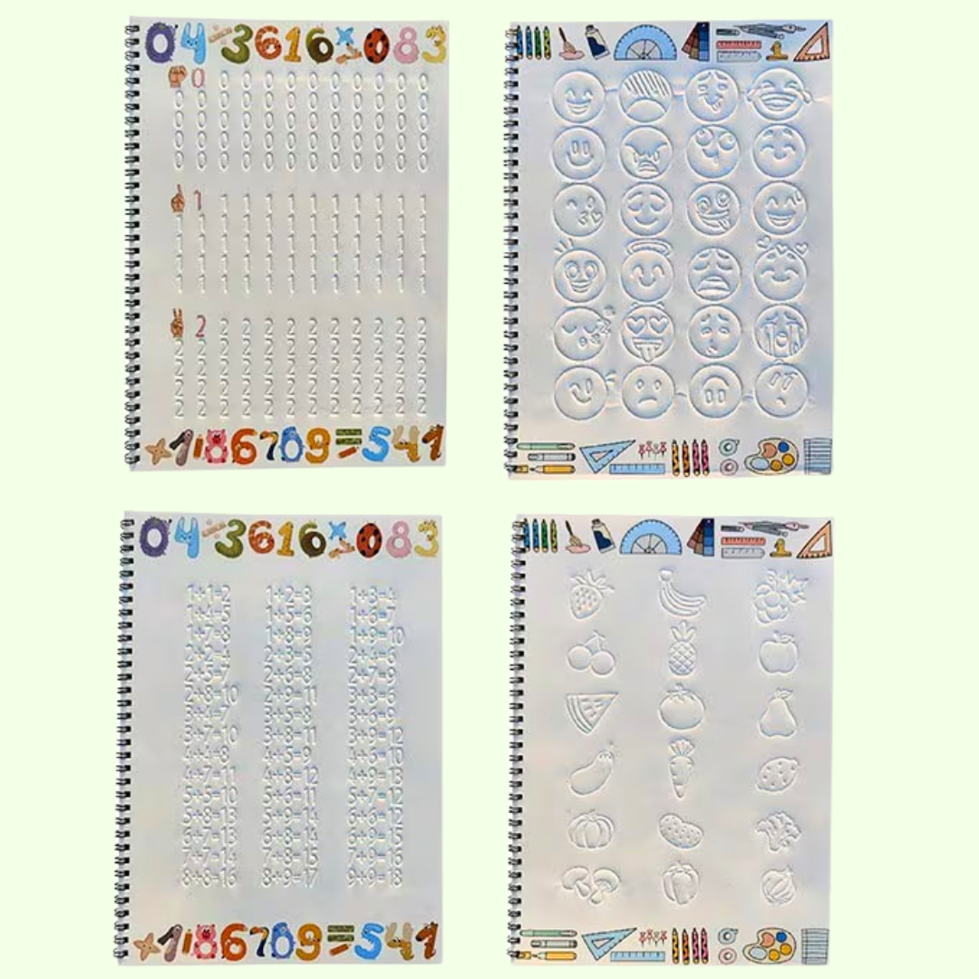 Manuais de escrita com ranhuras guiadas e tinta mágica para a aprendizagem