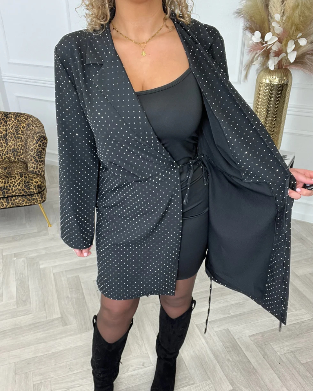 Vestido elegante tipo blazer cruzado com Glitter