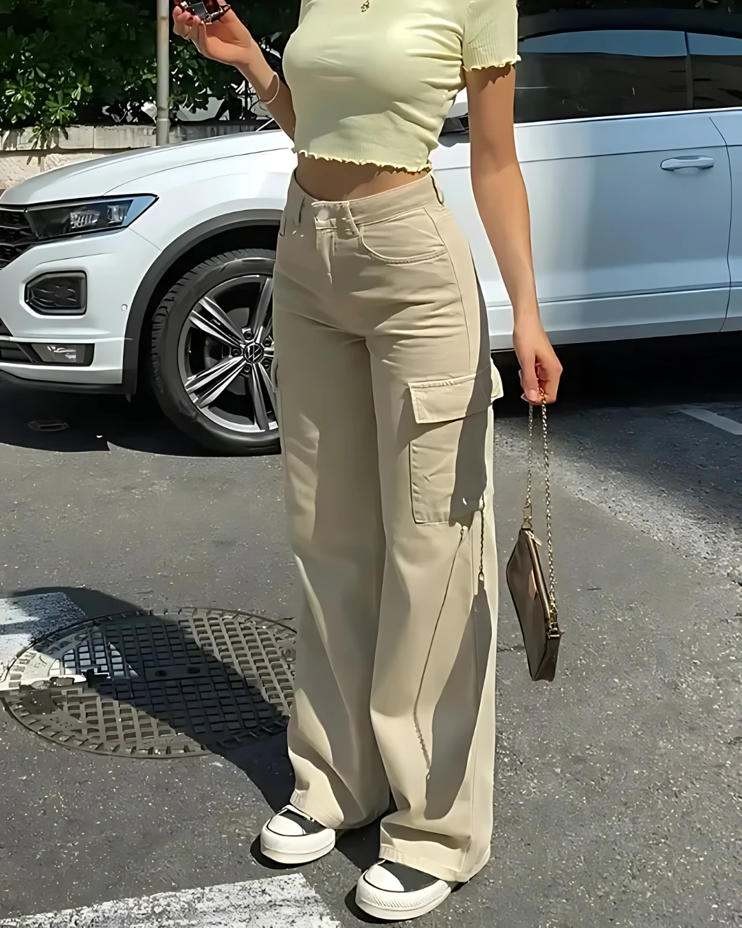 Calças Cargo de Ajuste Reto e Regulável para Mulher