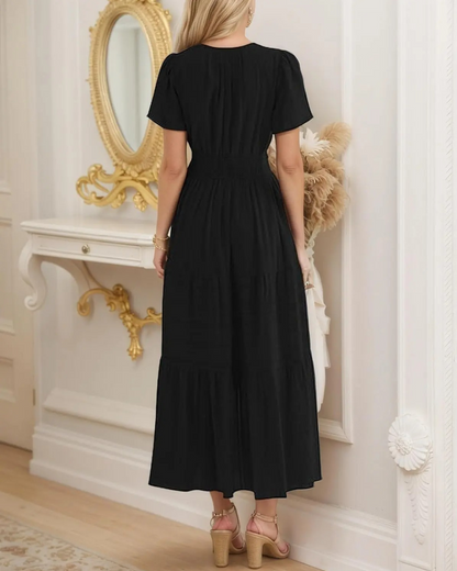 Vestido longo para mulher com manga curta, decote em V e cintura elástica