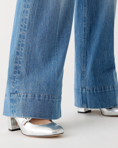 Calças de Ganga de Perna Larga de Cintura Subida com Controlo da Barriga