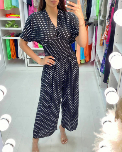 Macacão de Linho Leve com Estampado de Bolas e Design Confortável