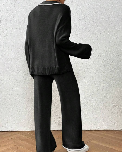 Conjunto de Camisola e Calças de Malha de 2 Peças com Acabamento em Cor Contrastante