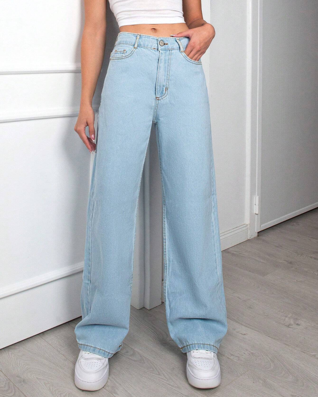 Calças de Ganga Leves de Perna Larga com Cintura Alta e Estilo Descontraído