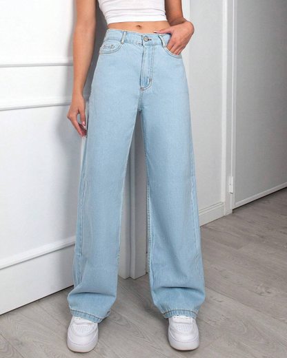 Calças de Ganga Leves de Perna Larga com Cintura Alta e Estilo Descontraído