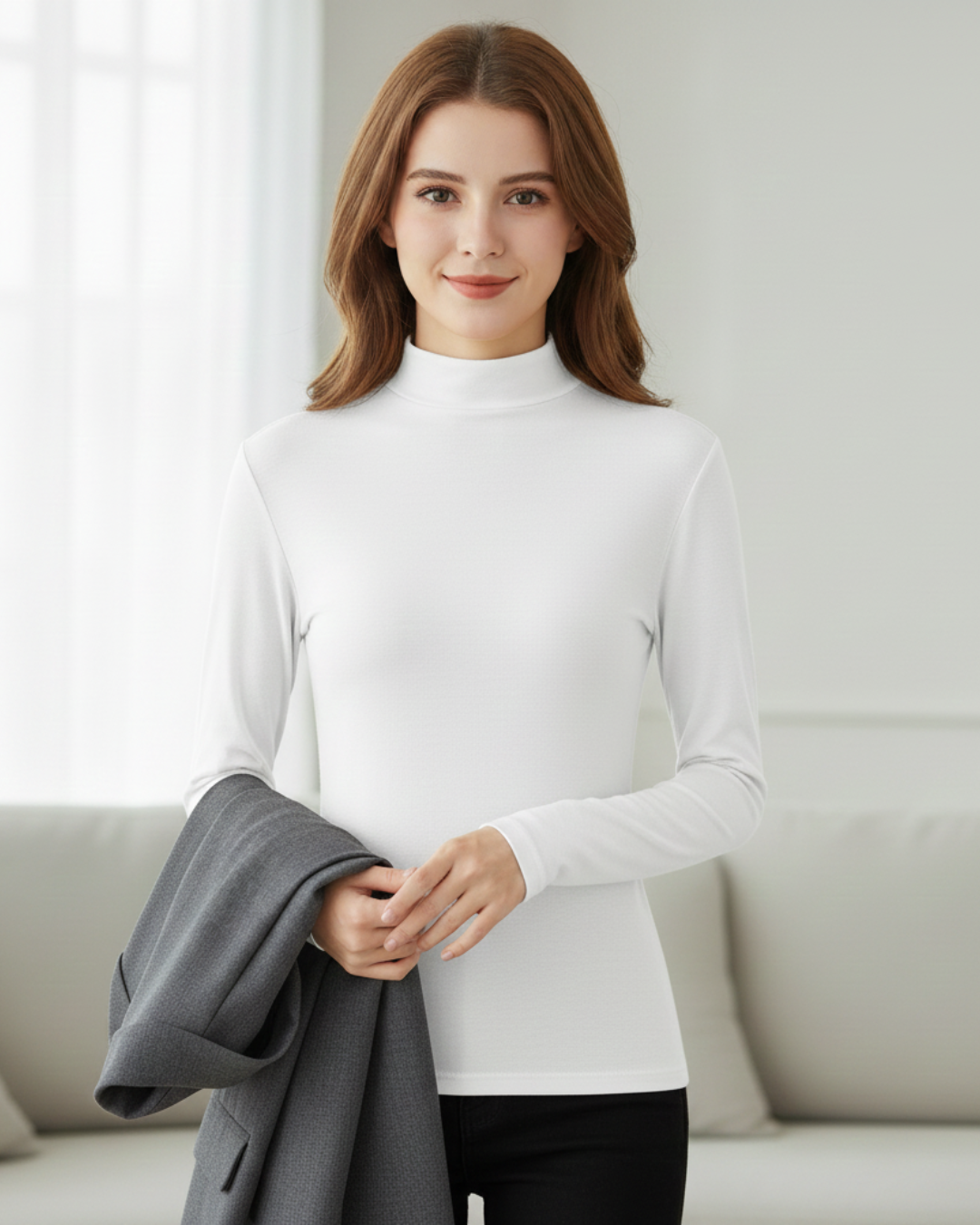 Camisola de manga comprida com gola alta para mulher