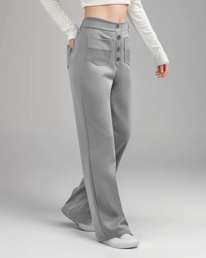 Calças Rectas de Cintura Alta com Botões Decorativos e Bolsos Frontais de Estilo Utilitário