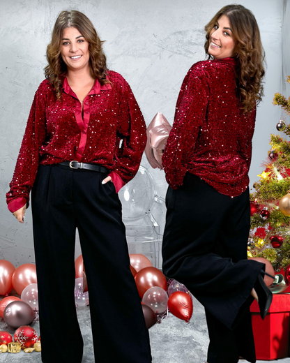 Camisa de Festa com Gola e Lantejoulas Brilhantes para Mulher