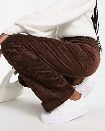 Calças de Veludo Cotelê Microfino de Cintura Alta com Elástico